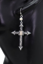 Women Earrings Religious Christian Pointy Cross Fashion Jewelry Hook White Beads